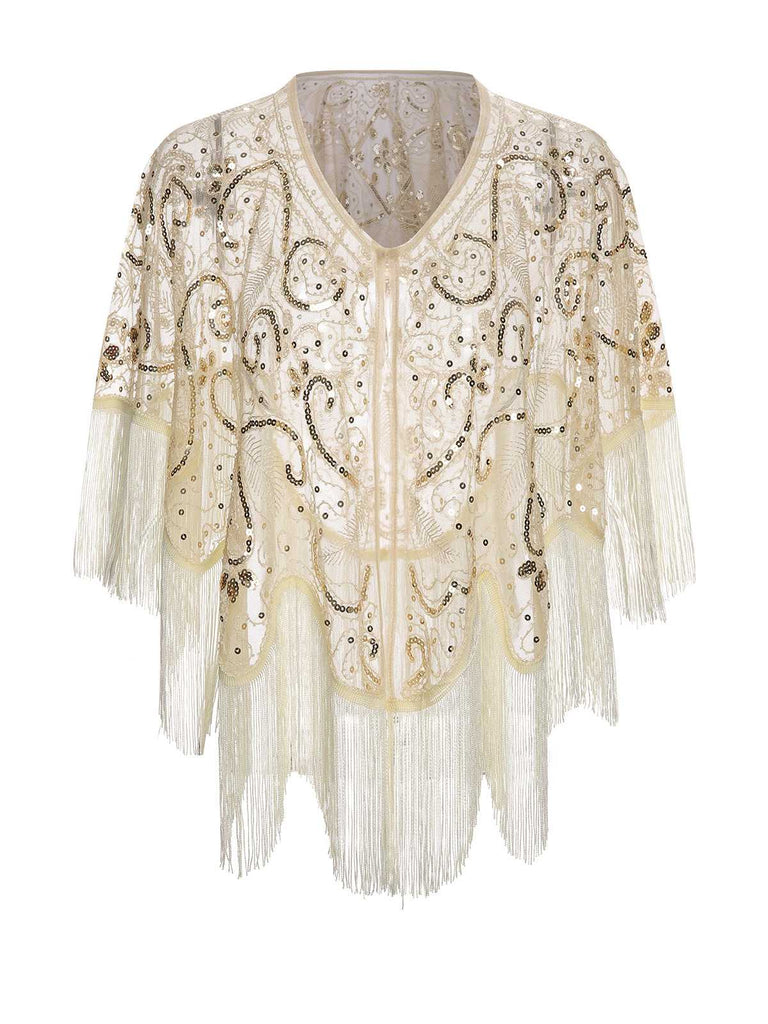 Cape à franges brodée de paillettes beige des années 1920