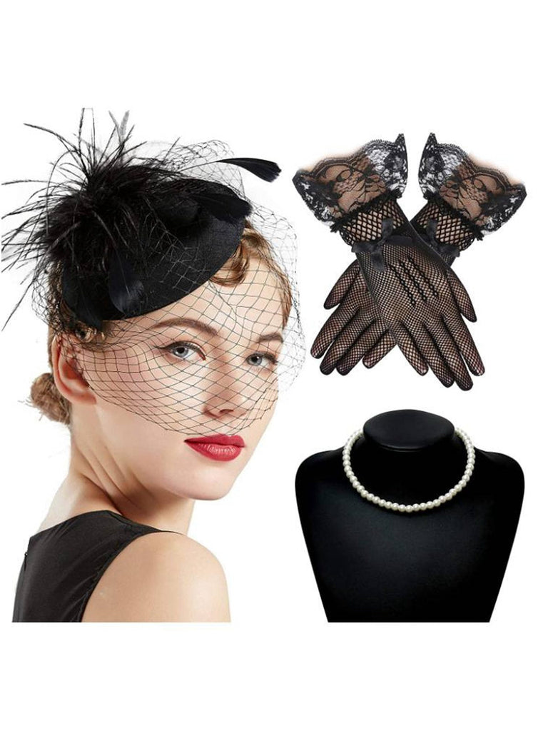 3PCS Chapeau à plumes noires avec collier et gants en dentelle