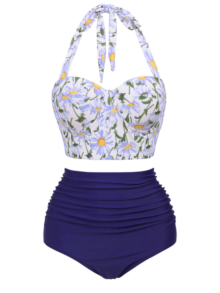 [Prévente] Ensemble de Bikini à Lacets et Licou à Fleurs Bleu