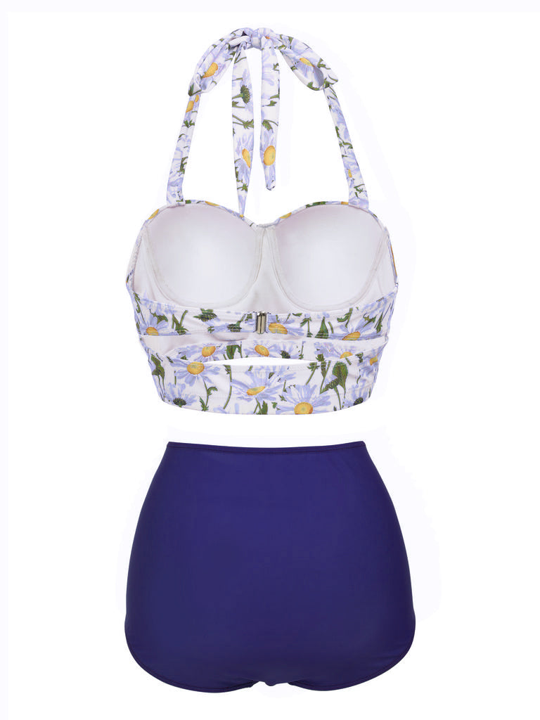 [Prévente] Ensemble de Bikini à Lacets et Licou à Fleurs Bleu