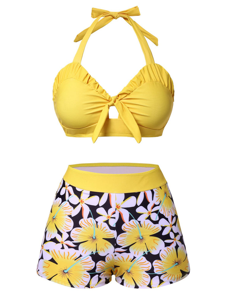 Ensemble bikini dos nu patchwork floral jaune des Années 1960