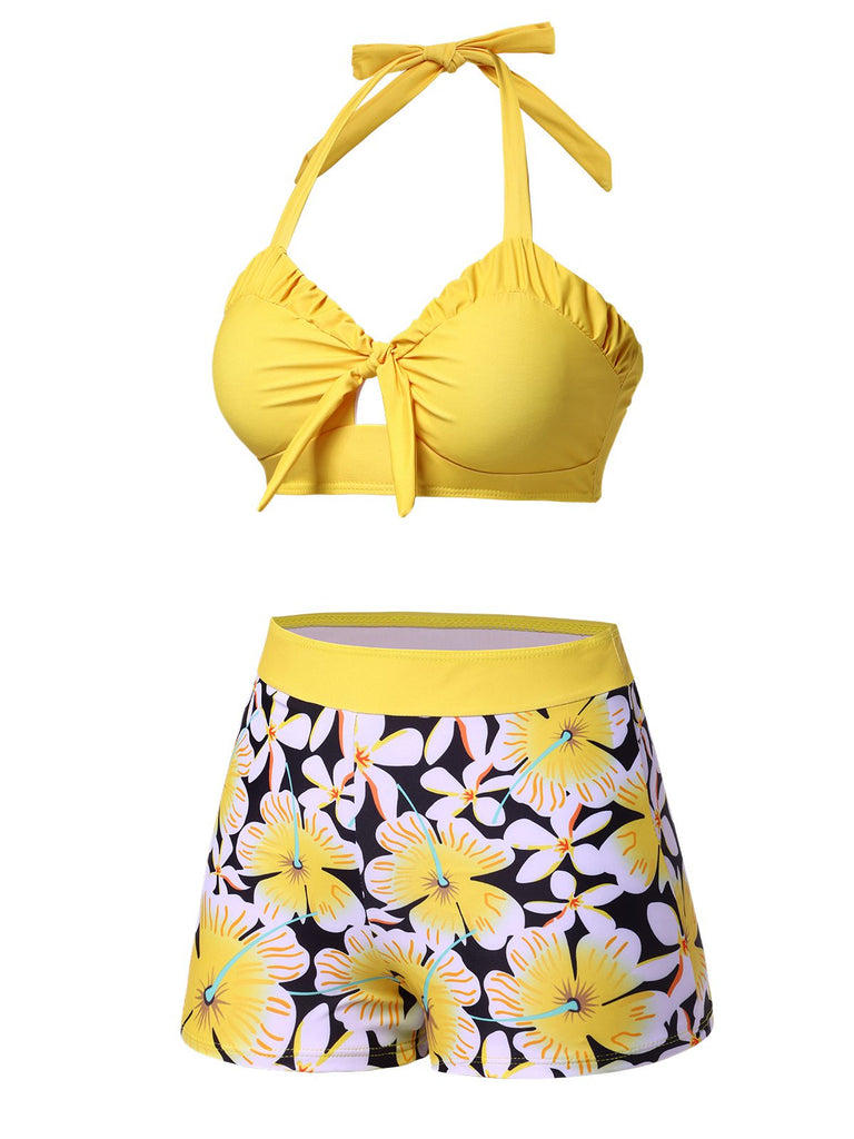 Ensemble bikini dos nu patchwork floral jaune des Années 1960