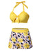 Ensemble bikini dos nu patchwork floral jaune des Années 1960