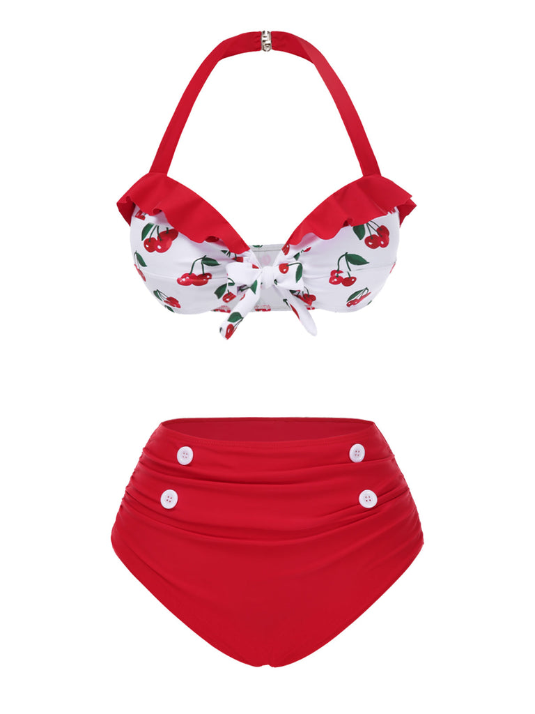 [Prévente] Ensemble bikini rouge à volants et col licou cerise des années 1950