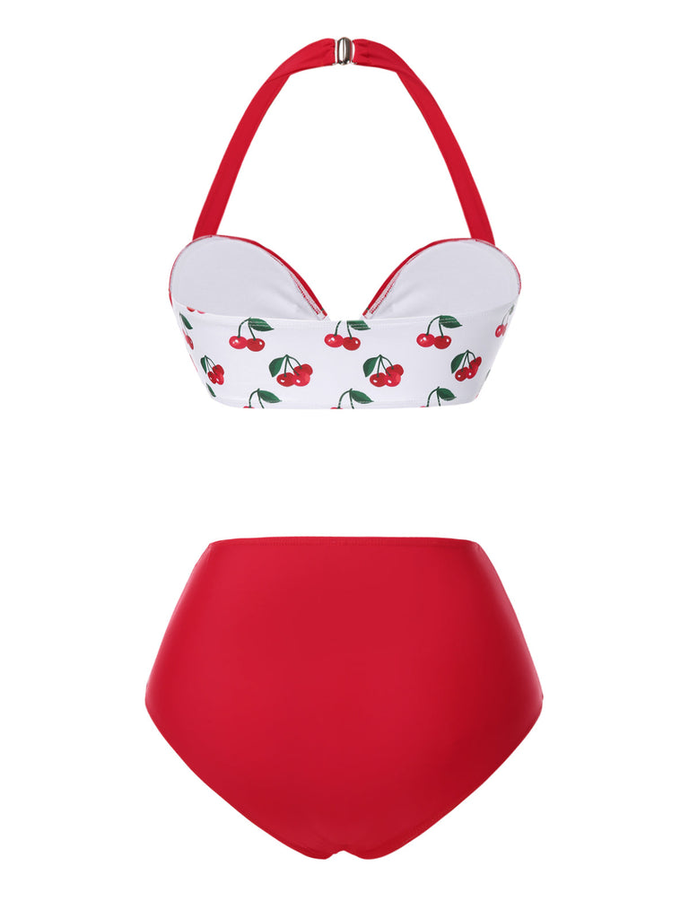 [Prévente] Ensemble bikini rouge à volants et col licou cerise des années 1950