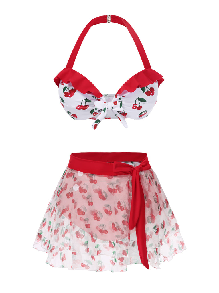 [Prévente] Ensemble bikini cerise et cache-maillot à nouer à lacets rouge années 50