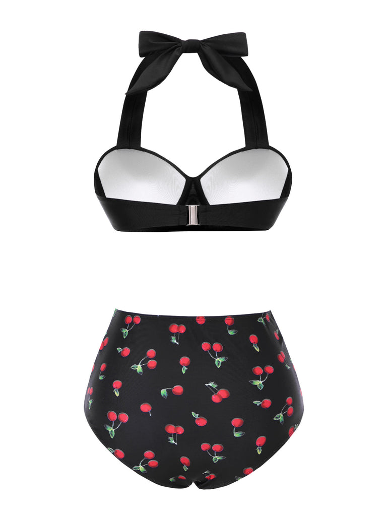 [Prévente] Ensemble bikini noir à col licou et motif cerise des années 1950