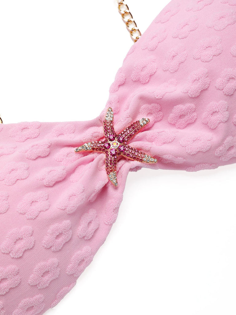 [Prévente] Ensemble bikini à fleurs jacquard chaîne rose années 50