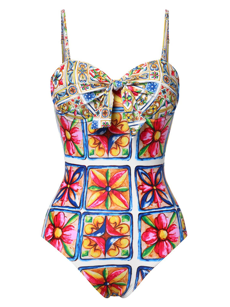 Maillot de bain à fleuri dos creux multicolore années 1970