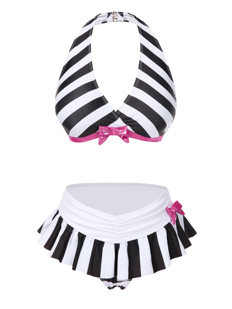[Prévente] Bikini dos nu à rayures noires et blanches avec nœud années 1950