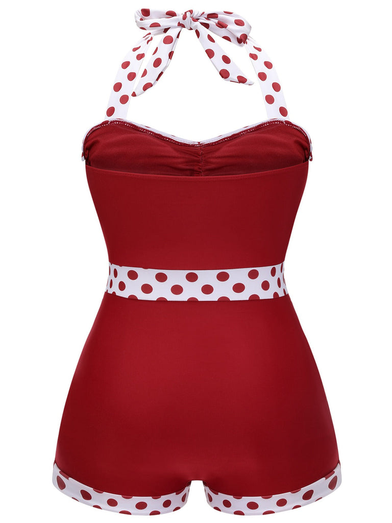 [Prévente] [Grande taille] Maillot de bain dos nu rouge à pois patchwork années 40