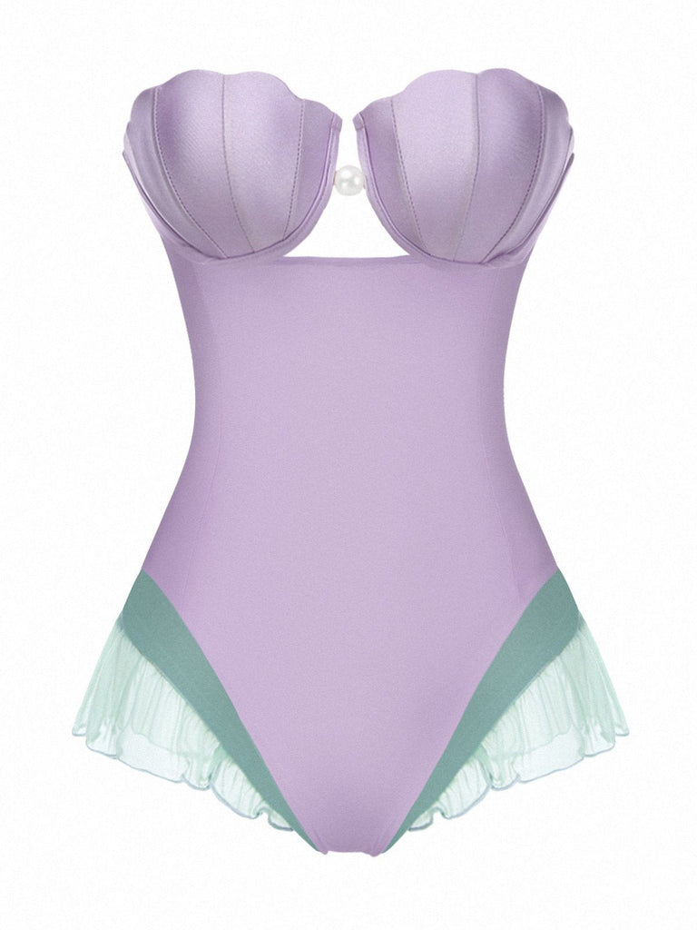 [Prévente] Maillot de bain bandeau sirène coquillage violet des années 1970