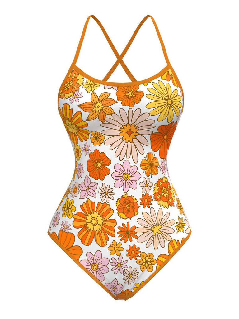 [Prévente] Maillot de bain une pièce orange marguerite à dos croisé années 60