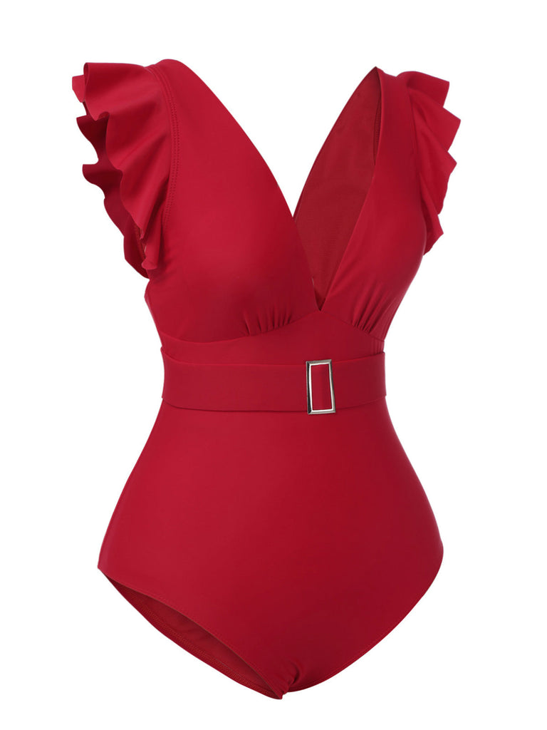 Maillot de bain rouge uni  à col en V profonddes avec ceinture années 1950