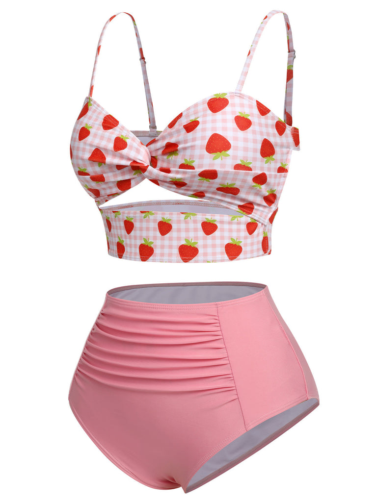 Maillot de bain dos nu rose à carreaux fraise des années 1960