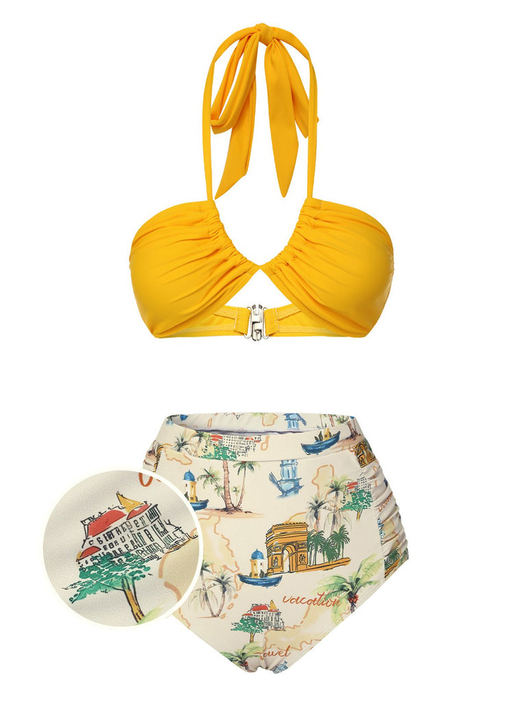 Maillot de bain et cache-maillot vocation rétro motif jaune des années 1970