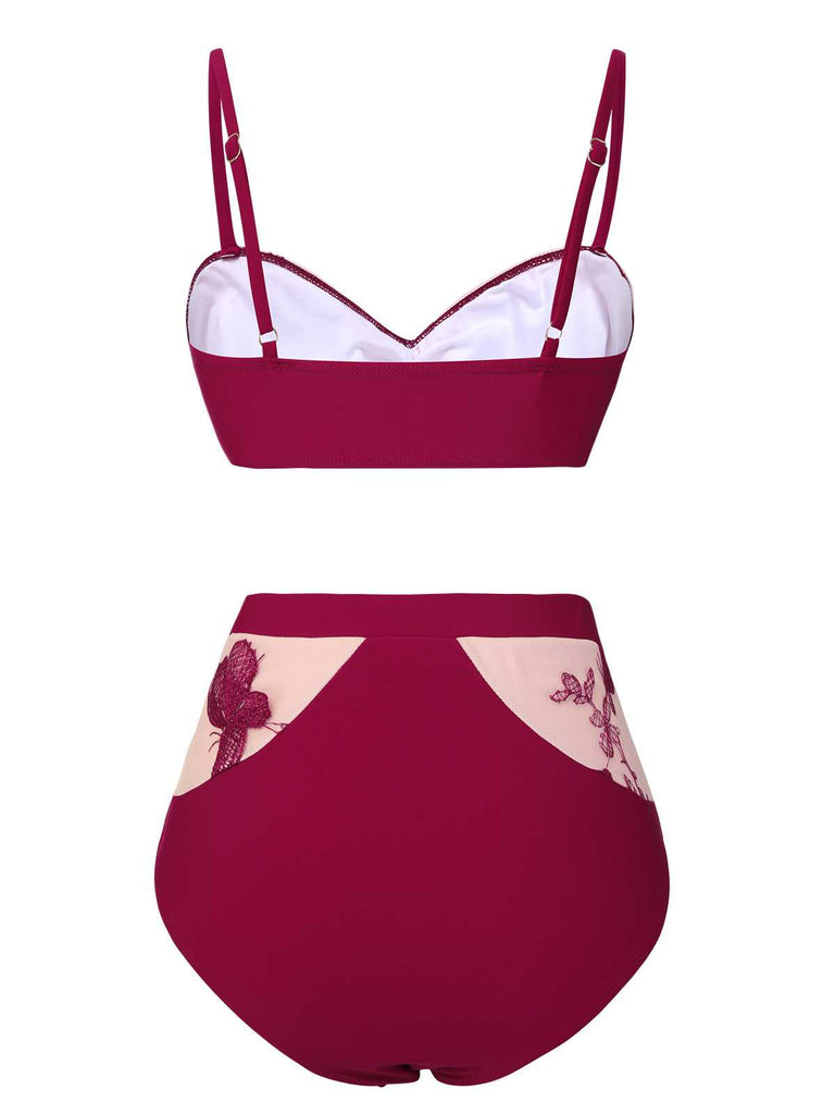 Maillot de bain transparent papillons bordeaux des années 1950