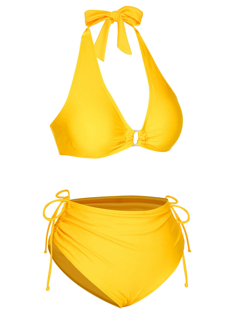 Ensemble de bikini dos nu à lacets jaune des années 1970