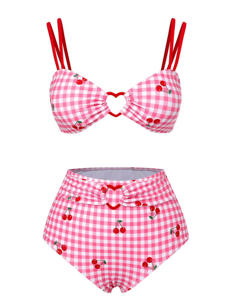 Maillot de bain rose à carreaux et bretelles cerises des années 1950