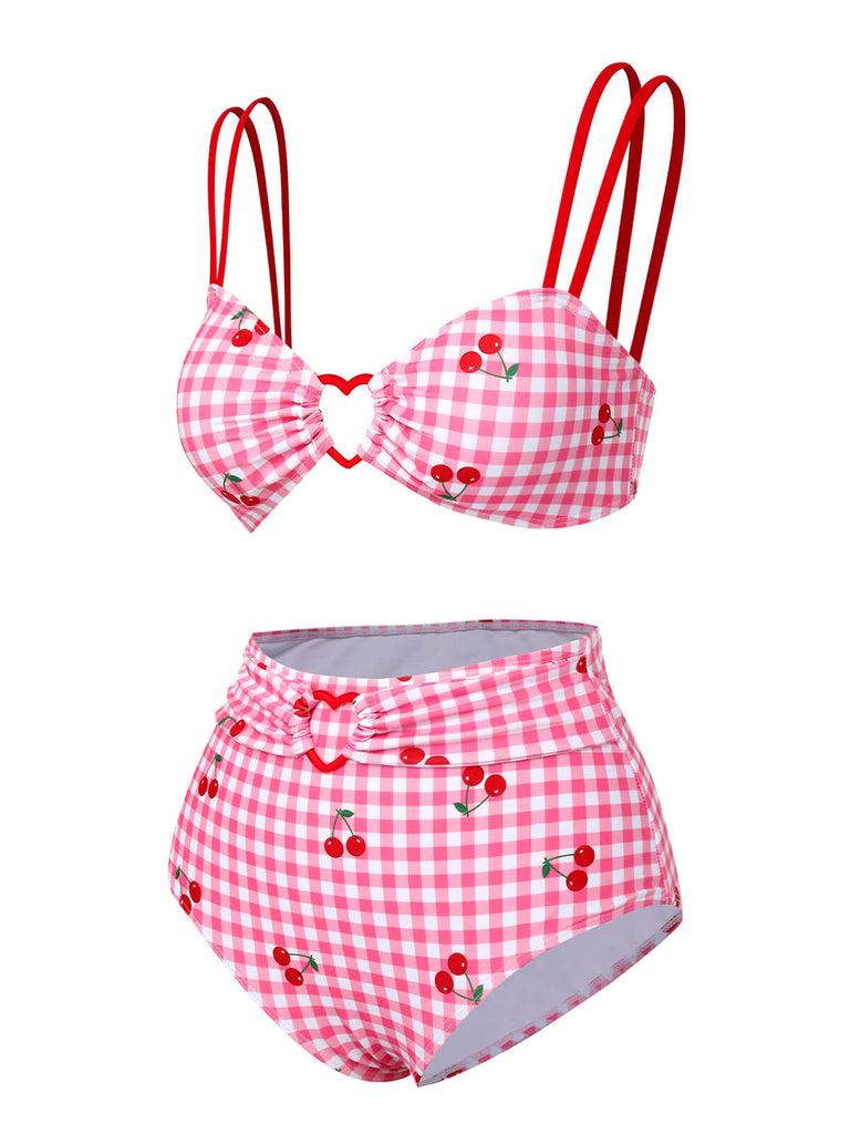 Maillot de bain rose à carreaux et bretelles cerises des années 1950