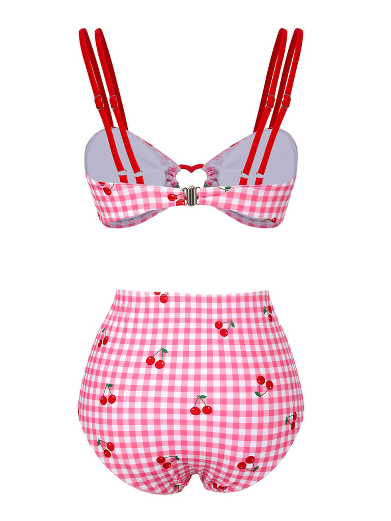 Maillot de bain rose à carreaux et bretelles cerises des années 1950