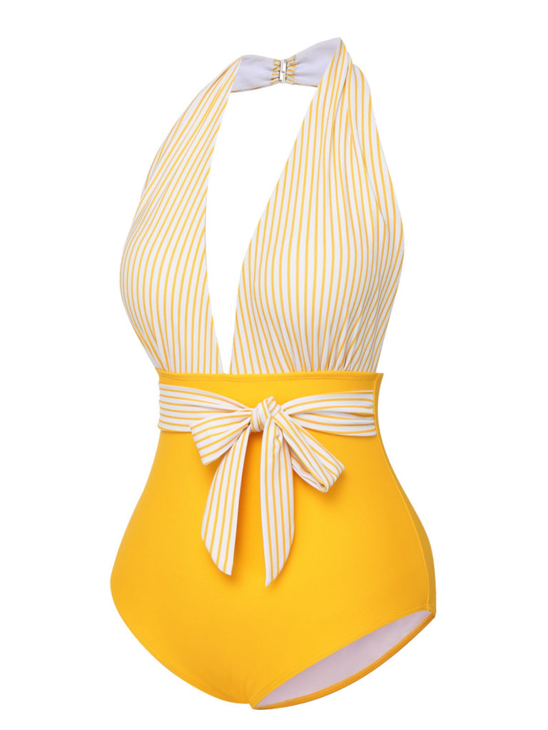 Maillot de bain patchwork rayé jaune années 1950