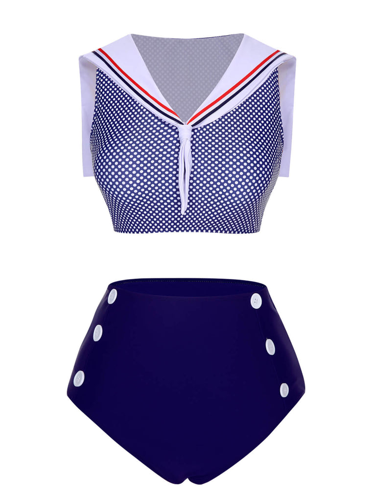 Maillot de bain col marin à pois bleu foncé des années 1940