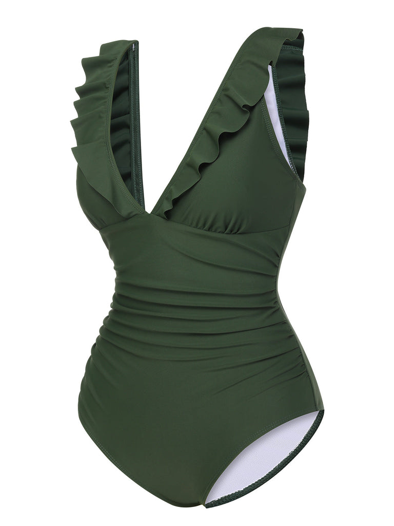 Maillot de bain vert armée des années 1950 à volants unis et col en V