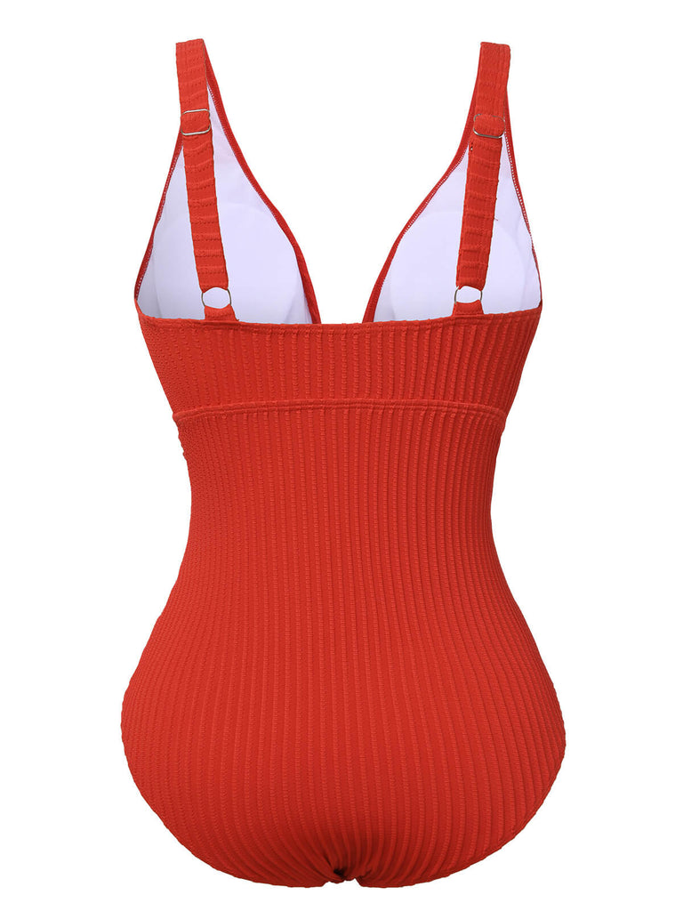 Maillot de bain une pièce rouge uni Deep V des années 1950