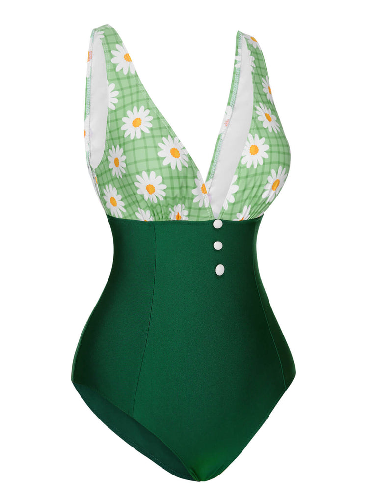 Maillot de bain une pièce vert de marguerites Patchwork des années 1940