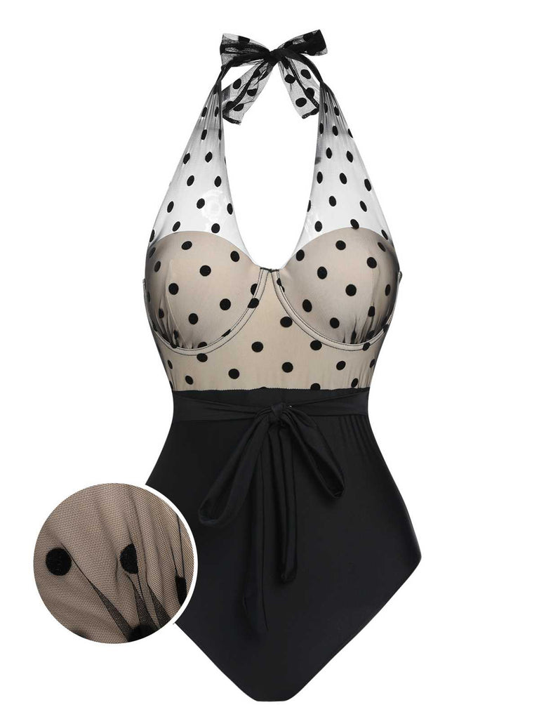 Maillot de bain en maille à pois noir des années 1950