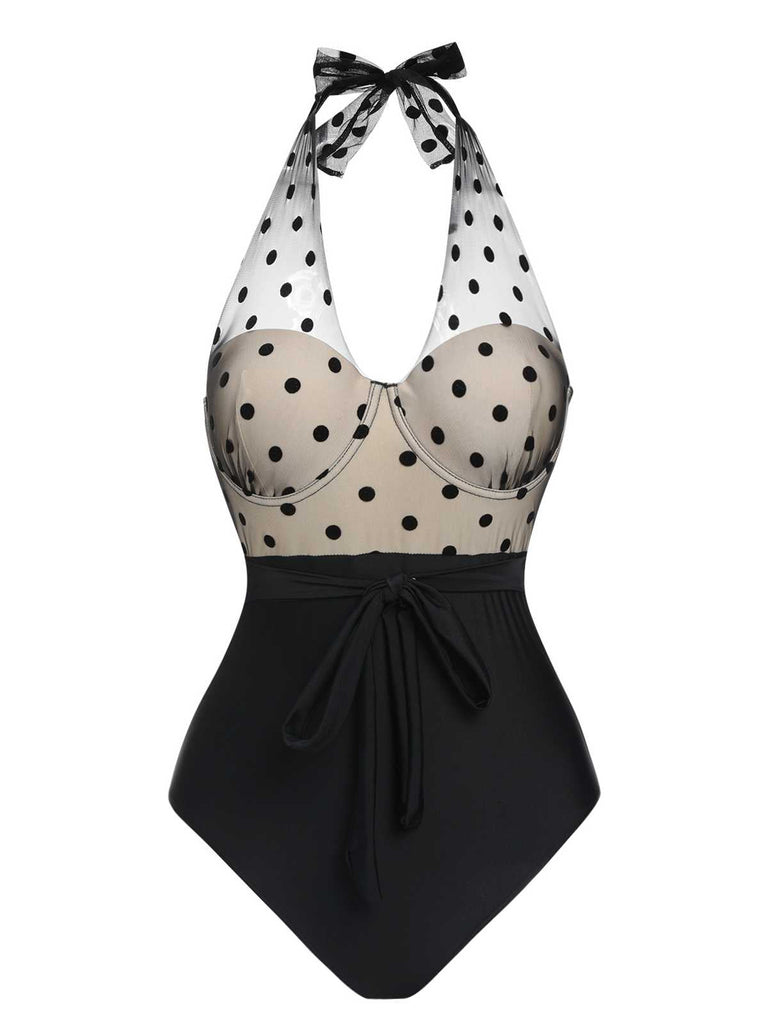 Maillot de bain en maille à pois noir des années 1950