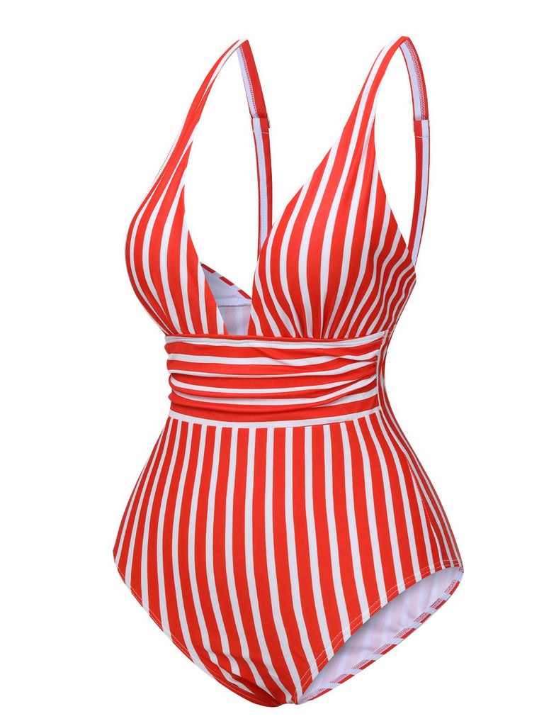 Maillot de bain une pièce à rayures et bretelles spaghetti des années 1950