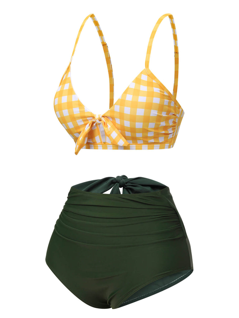 Ensemble bikini à carreaux jaune et vert des années 1950