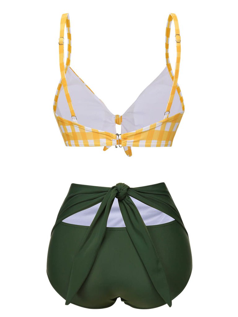 Ensemble bikini à carreaux jaune et vert des années 1950