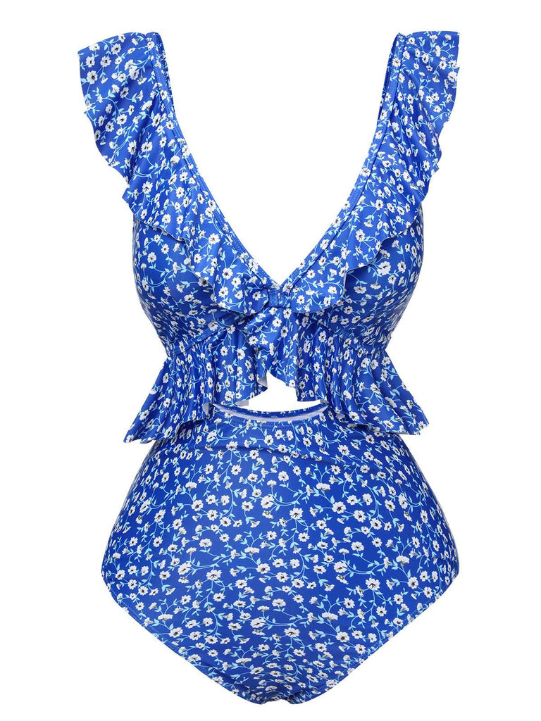 Maillot de bain une pièce bleu à volants floraux des années 1950