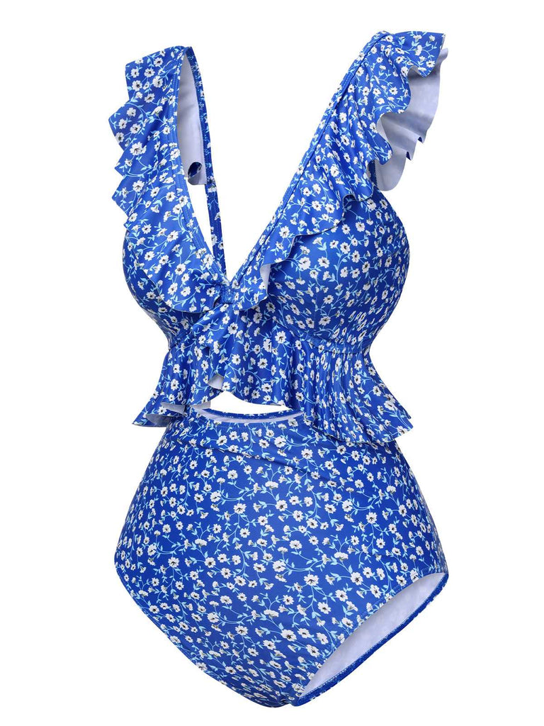 Maillot de bain une pièce bleu à volants floraux des années 1950