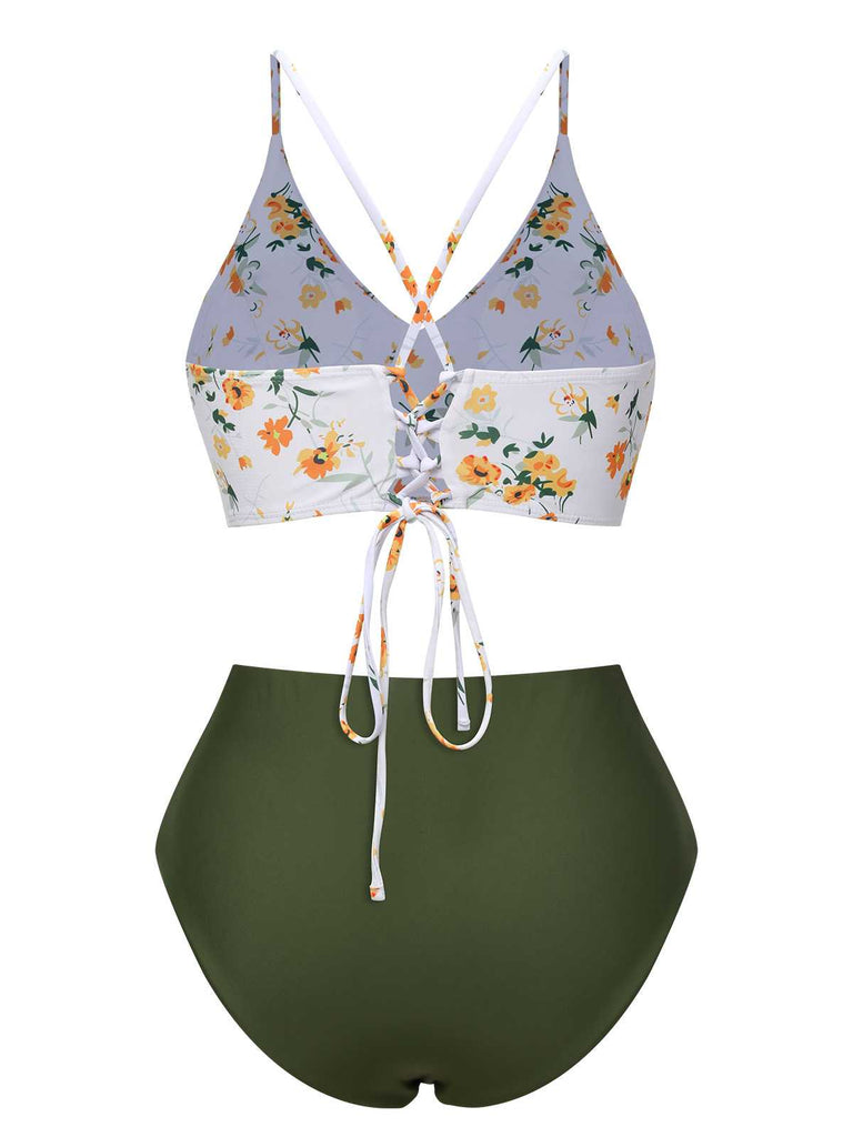 Maillot de bain floral vert à bretelles spaghetti des années 1950