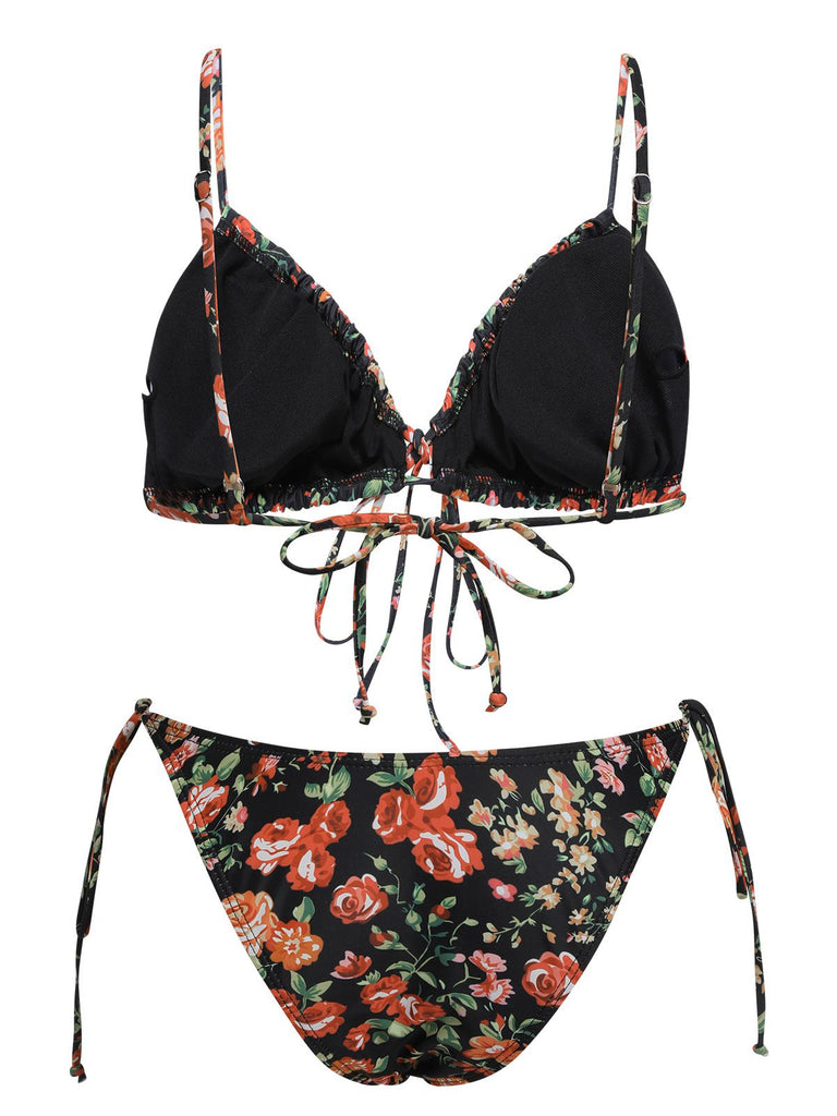 Ensemble bikini à bretelles spaghetti et lacets fleuris des années 1950