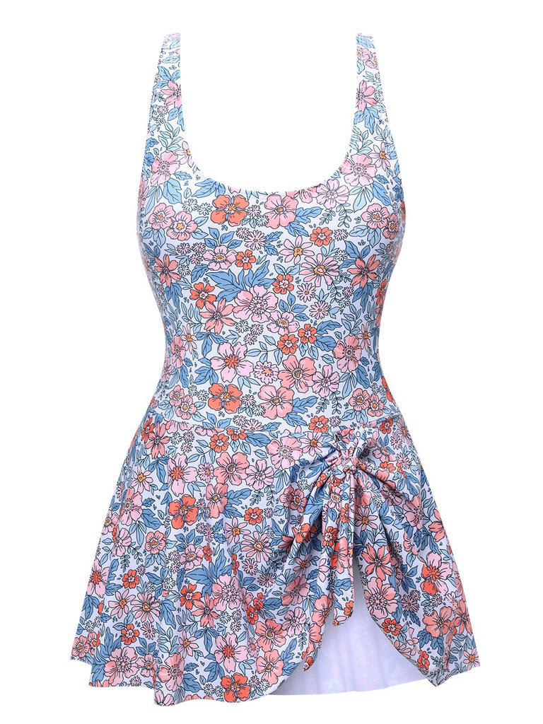 Maillot de bain jupe à larges bretelles à nœud floral des années 1950