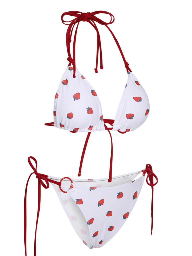 Ensemble bikini blanc dos nu à lacets aux fraises des années 1960