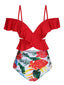 Maillot de bain tropical rouge à manches volantes des années 1960