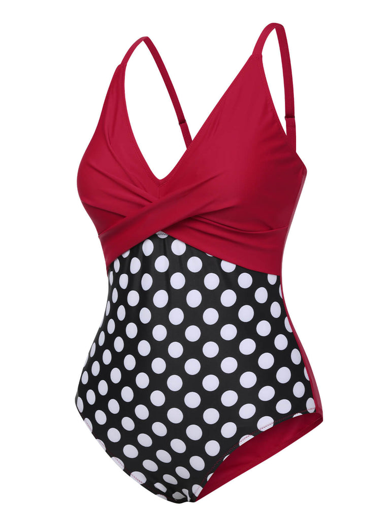 Maillot de bain patchwork à pois rouge des années 1960