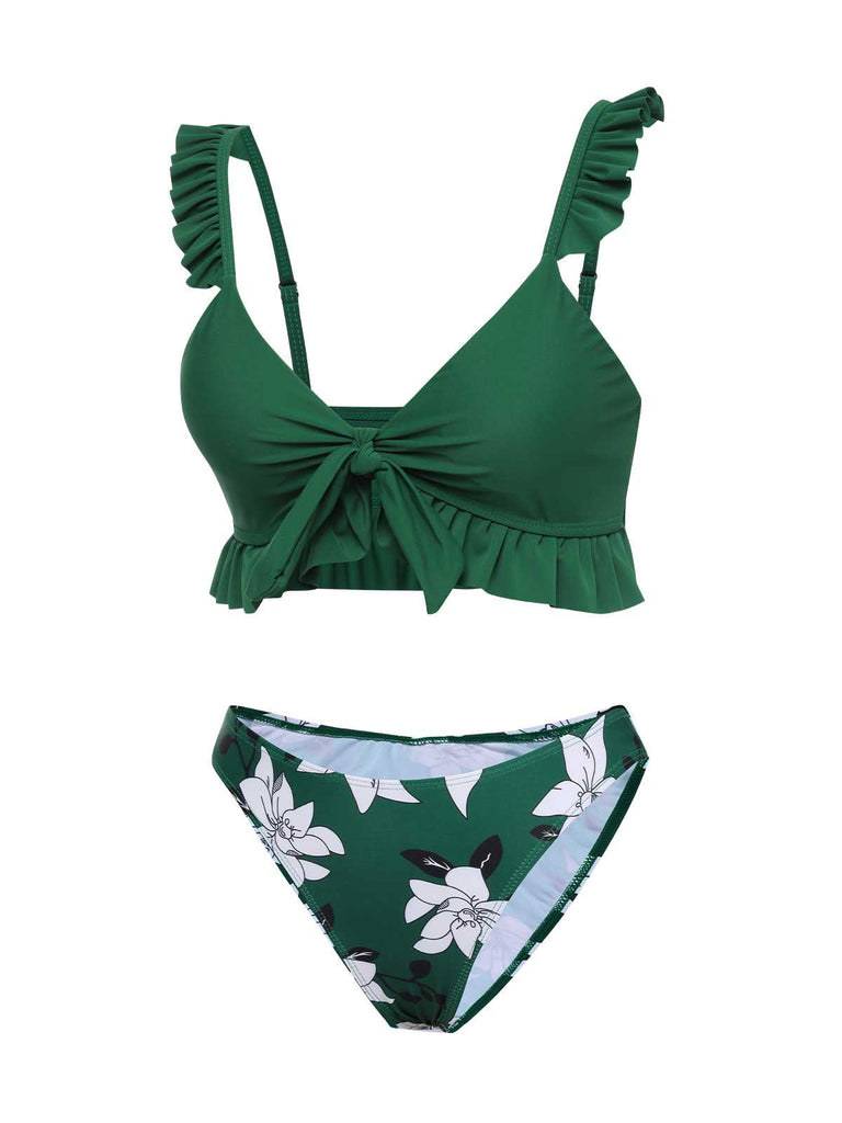 Maillot de bain vert à volants et bretelles florales des années 1960