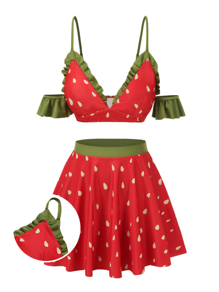 [Pré-vente] Maillot de bain rouge fraise à volants épaules dénudées des années 1950