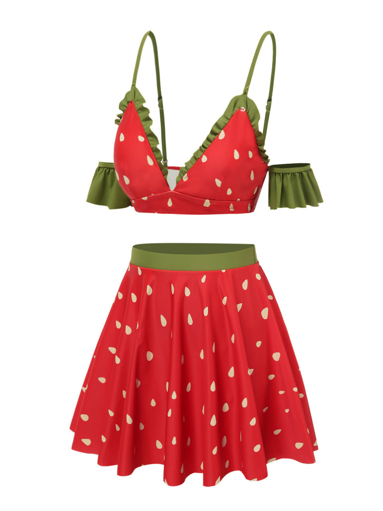 [Pré-vente] Maillot de bain rouge fraise à volants épaules dénudées des années 1950