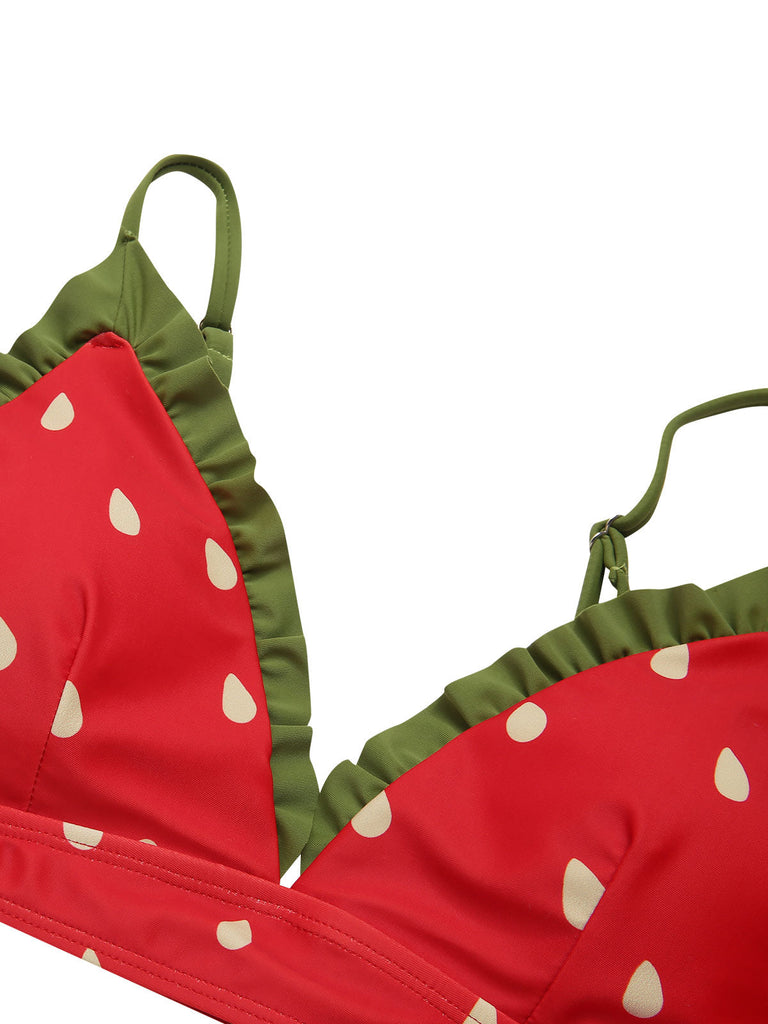 [Pré-vente] Maillot de bain rouge fraise à volants épaules dénudées des années 1950