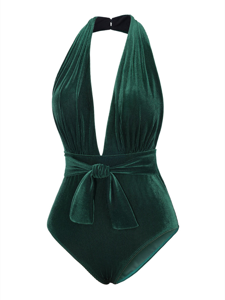 [Pré-vente] Maillot de bain col V profond en velours vert foncé des années 1970