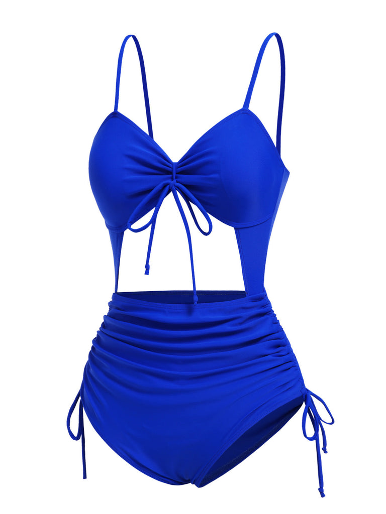 [Pré-vente] Maillot de bain bleu uni avec cordon de serrage des années 1960