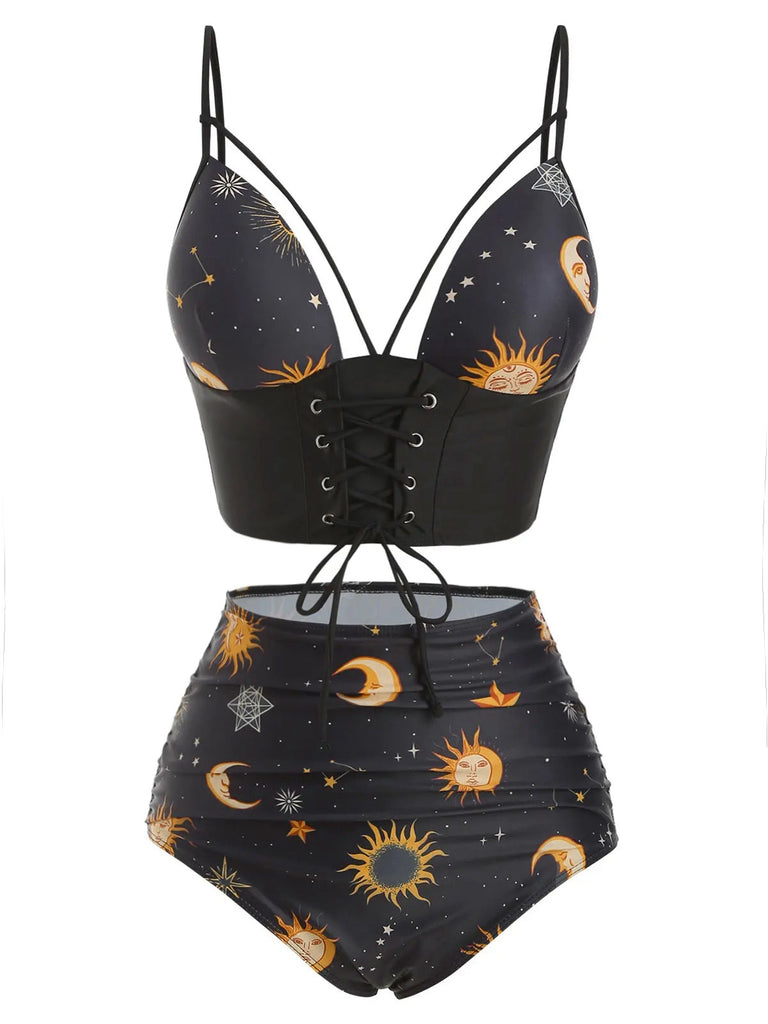 Maillot de bain à lacets noir  Soleil Lune Étoiles années 40